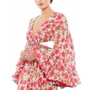 Mac Duggal NEW Floral‎ Print Mini Dress Bell Sleeve Belted Cutout #9158 Size 6